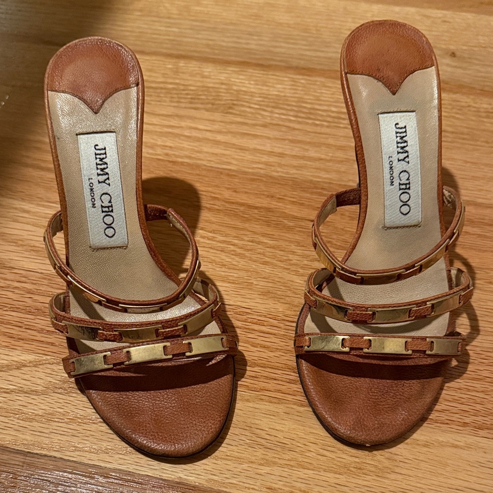 Jimmy Choo Tan and Gold Strappy Heels